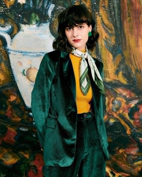 Gündelik Tek Düğmeli Yeşil Kadife Blazer