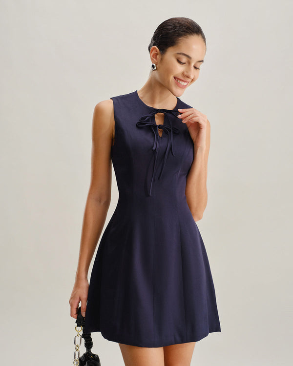 Mavi Yuvarlak Yakalı Kolsuz A-Line Mini Elbise