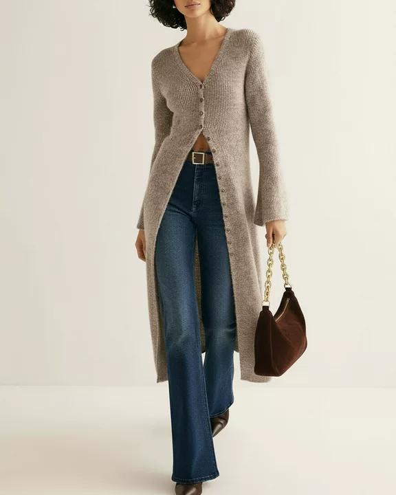 Haki V Yaka Tek Sıralı Örgü Hırka