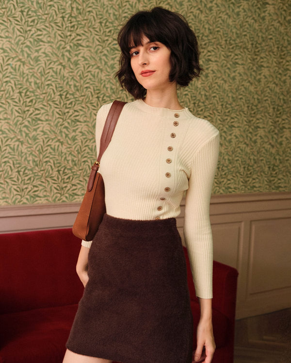 Bej Renkli Mock Neck Ribbed Örgü Üst