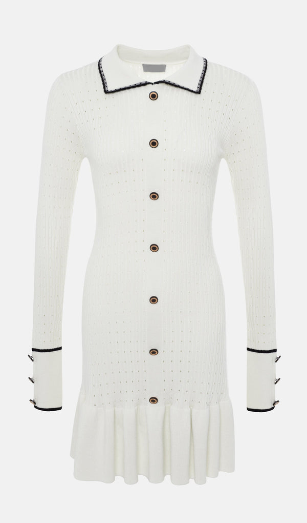 Dar Kesim Dokulu Jersey Mini Elbise-Beyaz