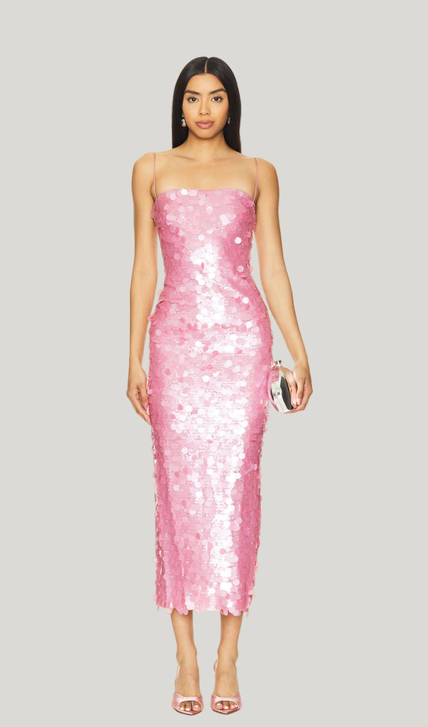 Dairesel Payetli Midi Elbise-Pembe