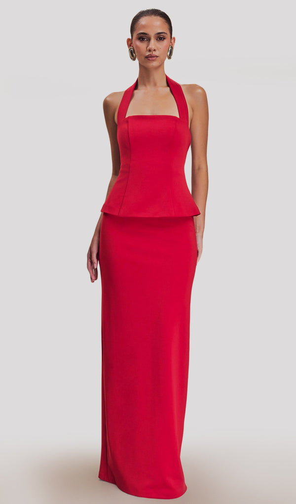 Ruby Peplum Halter Uzun Elbise