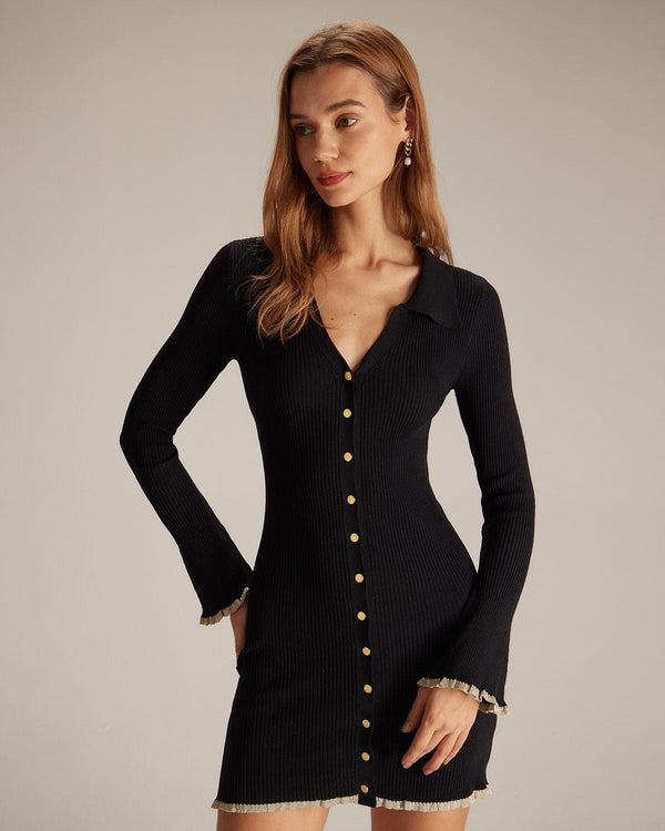 Siyah V Yaka Kontrast Süslü Örme Mini Elbise