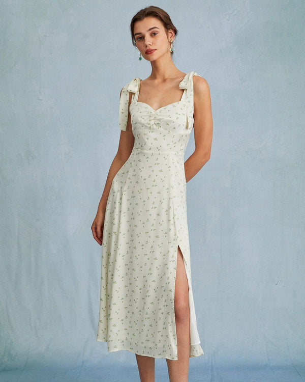 Açık Yeşil Saten Çiçek Desenli Bağcıklı Yırtmaçlı Midi Elbise