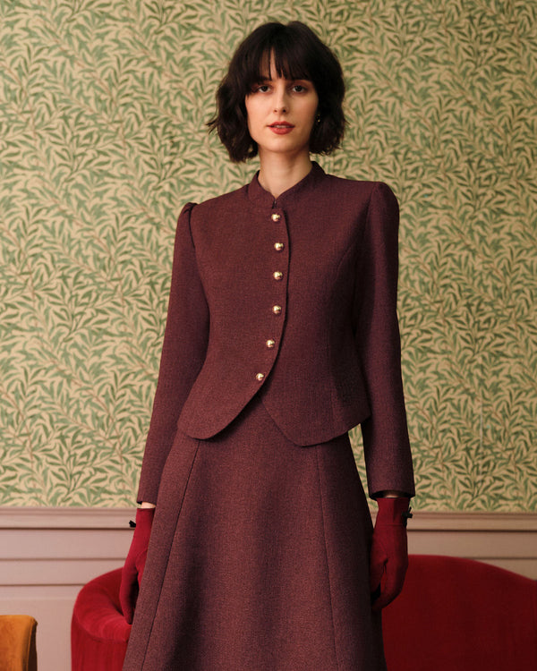 Bordo Retro Tek Sıralı Tweed Ceket