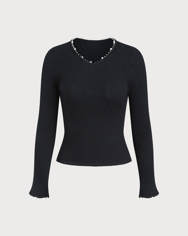 Siyah V Yaka Dar Örme Sweatshirt