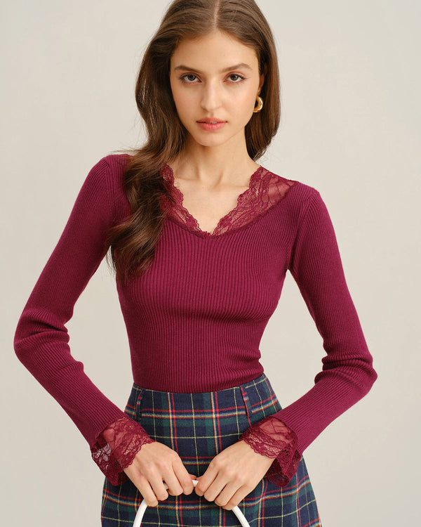 Şarap Kırmızısı V Yaka Ribana Örgü Kazak