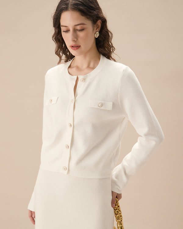 Beyaz Tek Sıralı Örgü Hırka