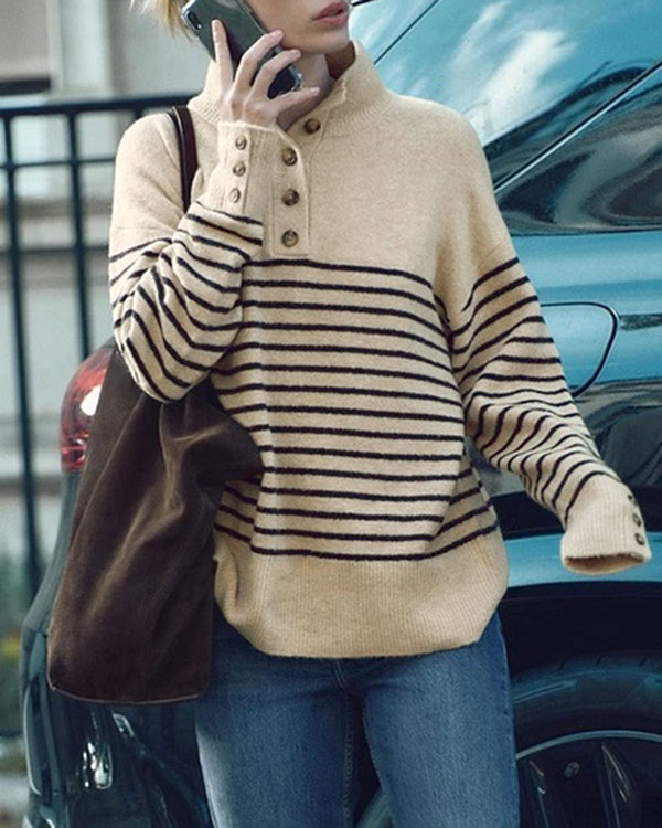 Haki Çizgili Kaplumbağa Yakalı Örgü Kazak