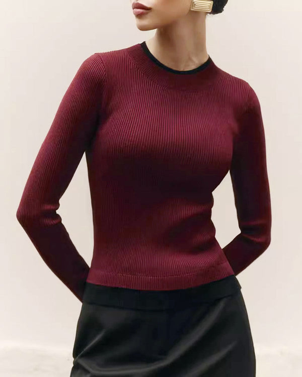 Şarap Kırmızısı Kontrastlı Örme Kazak