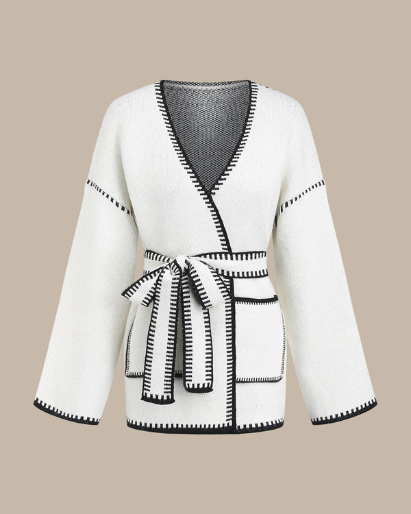 Beyaz Kontrastlı İpli Hırka