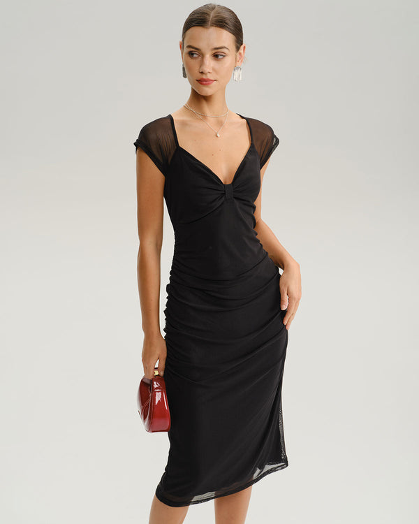 Siyah V Yaka File Midi Elbise