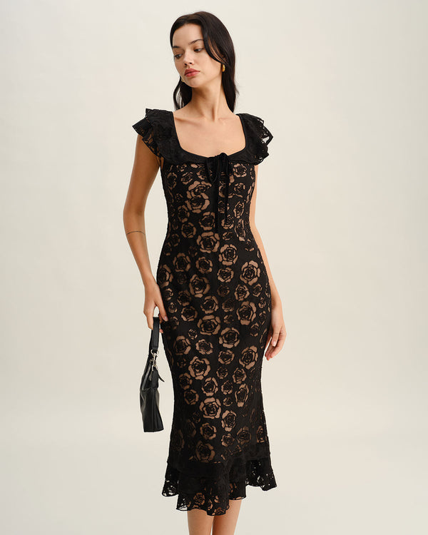 Siyah Dokulu Fırfırlı Balık Kesim Midi Elbise