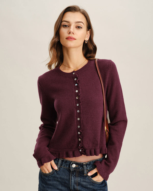 Şarap Kırmızısı Yuvarlak Yaka Örgü Hırka