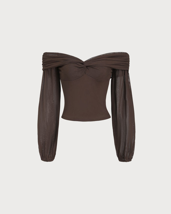 Kahverengi Omuzları Açık Bükümlü Tişört