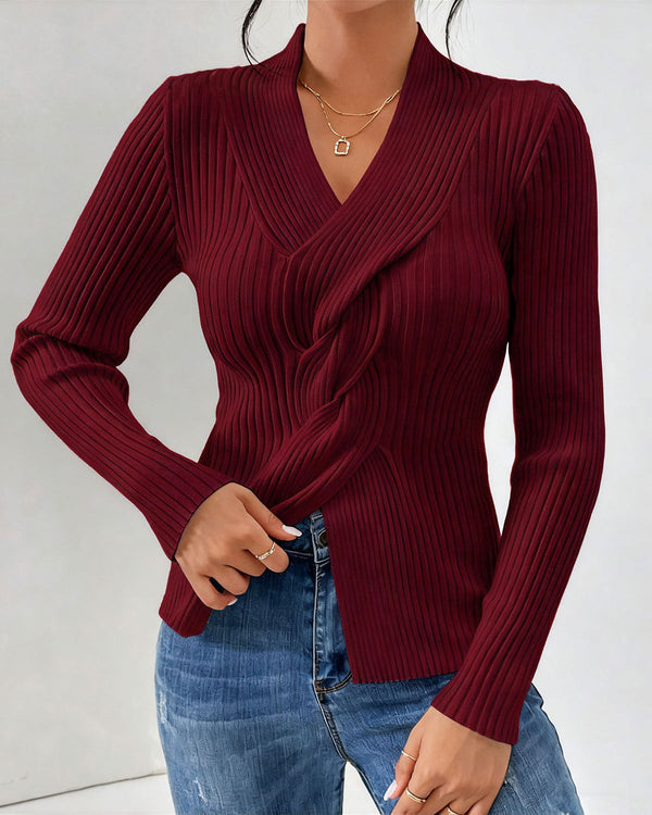 Şarap Kırmızısı V Yaka Bükümlü Örgü Kazak