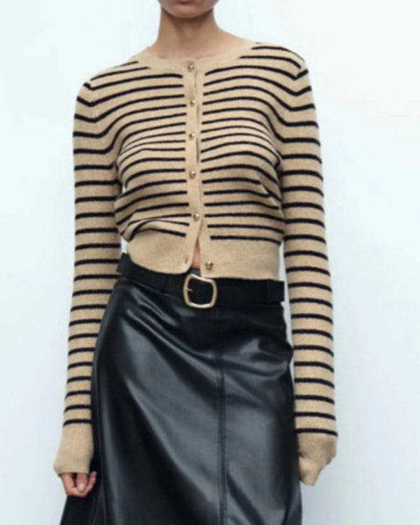 Haki Çizgili Düğmeli Örgü Hırka