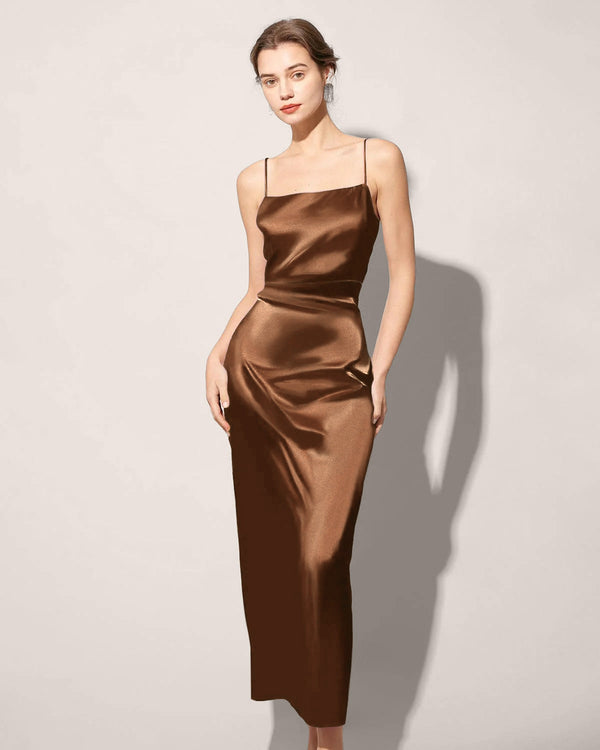 Kahve Saten Slip Maxi Elbise