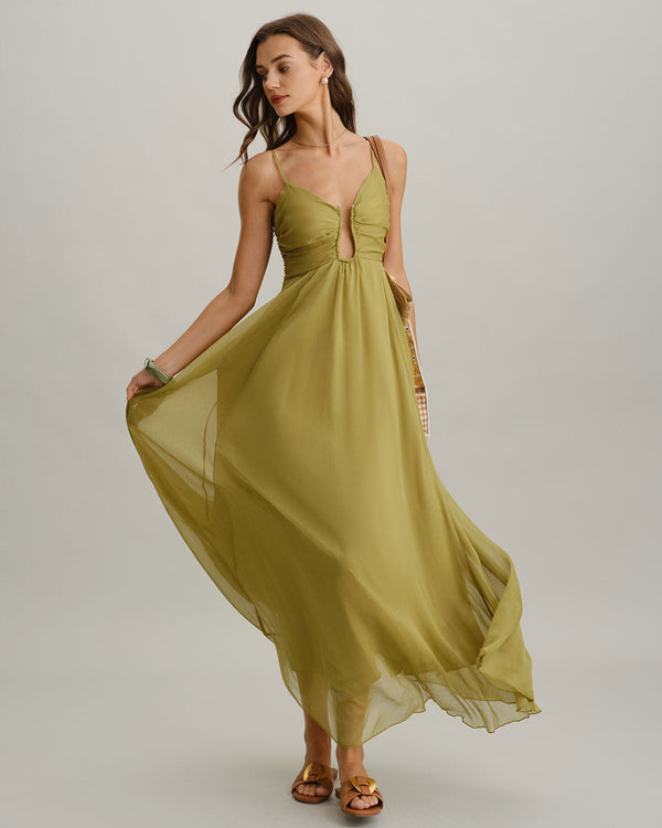 Yeşil Flowy Slip Maxi Elbise