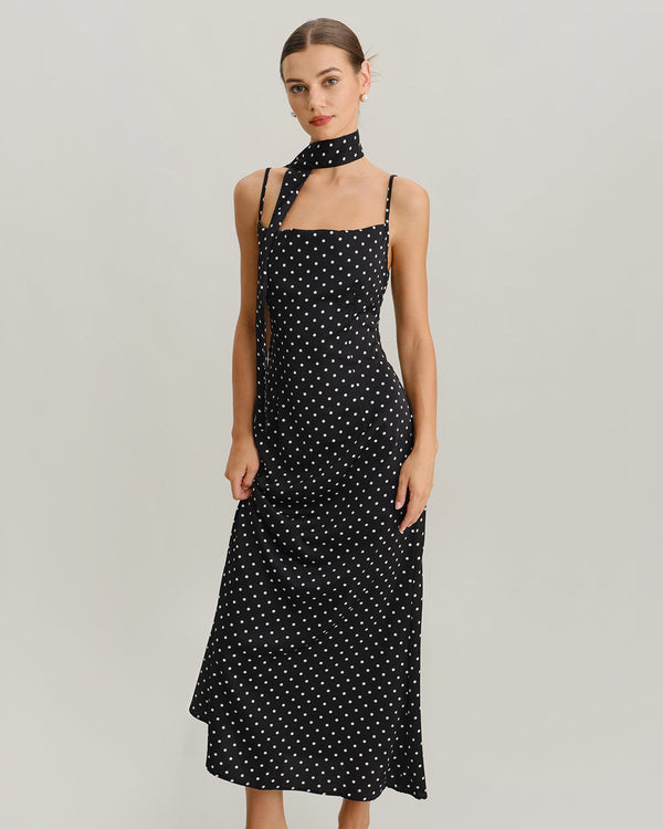 Siyah Polka Dot Kapüşonlu Slip Maxi Elbise