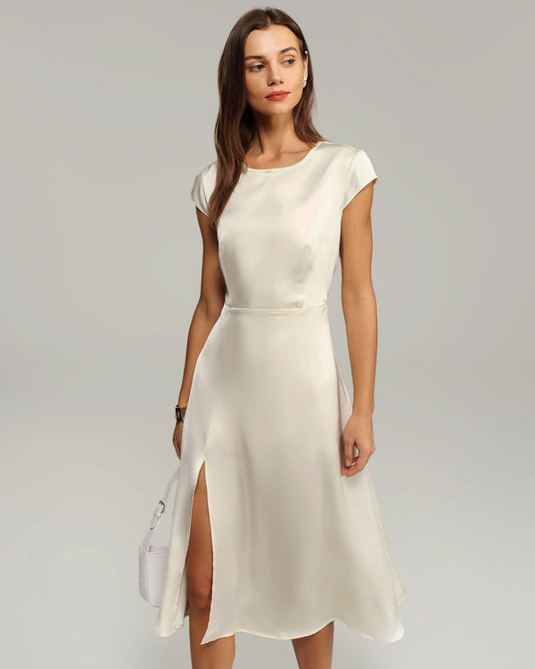 Bej Saten Kesik Yırtmaçlı Midi Elbise