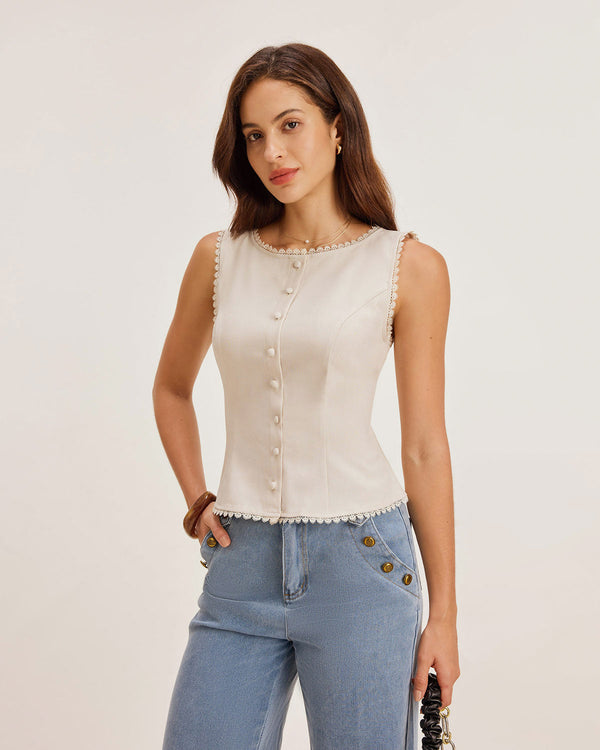 Kayısı Rengi Tekne Yaka Düğmeli Yelek